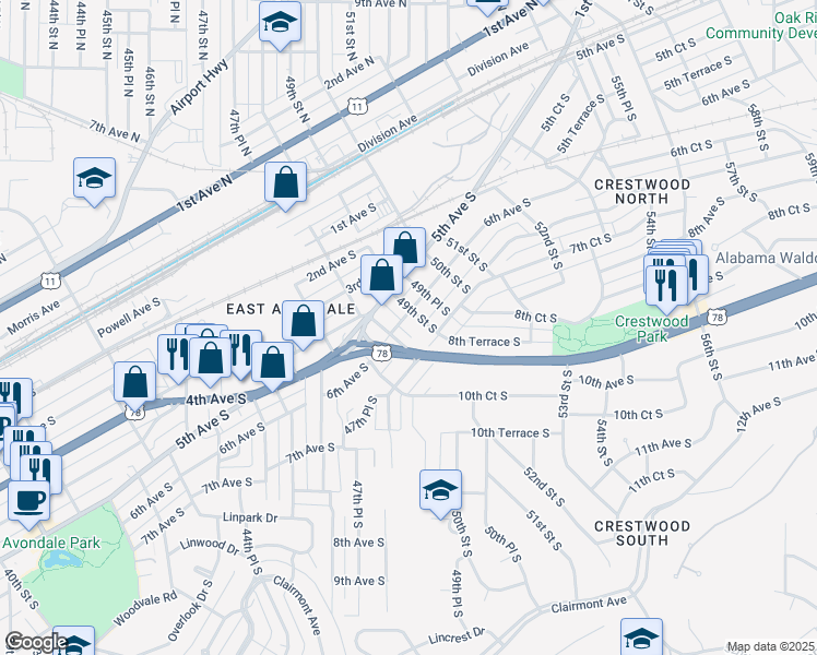 map of restaurants, bars, coffee shops, grocery stores, and more near 4813 6th Avenue South in Birmingham