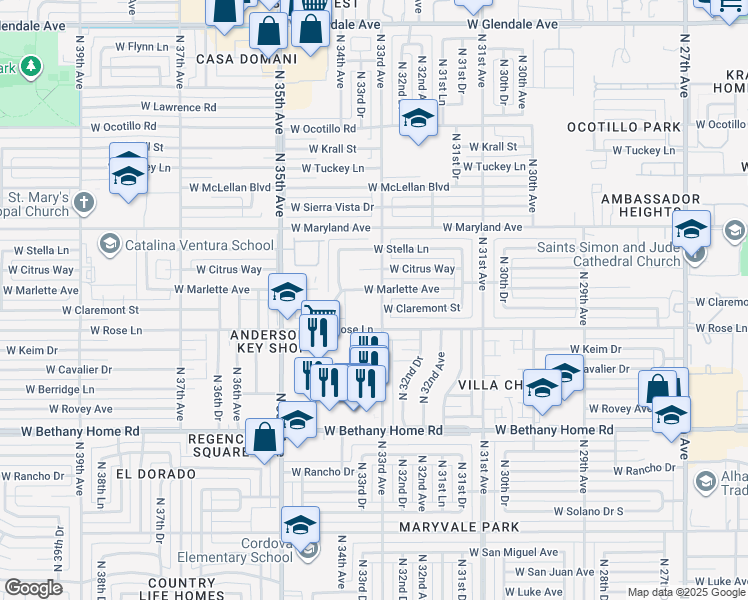 map of restaurants, bars, coffee shops, grocery stores, and more near 6230 North 33rd Avenue in Phoenix