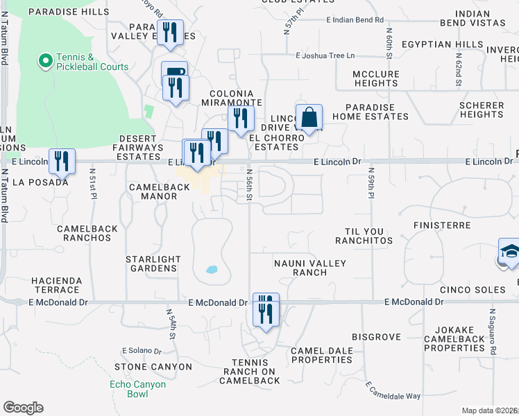 map of restaurants, bars, coffee shops, grocery stores, and more near 6069 North 56th Street in Paradise Valley
