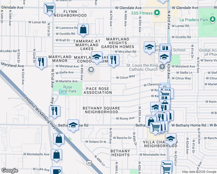 map of restaurants, bars, coffee shops, grocery stores, and more near 4720 West Rose Lane in Glendale