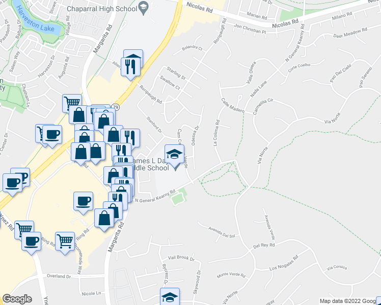 map of restaurants, bars, coffee shops, grocery stores, and more near 40335 Odessa Drive in Temecula
