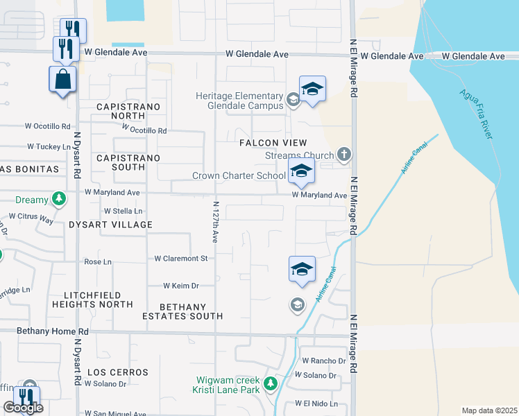 map of restaurants, bars, coffee shops, grocery stores, and more near 12547 West Stella Lane in Litchfield Park