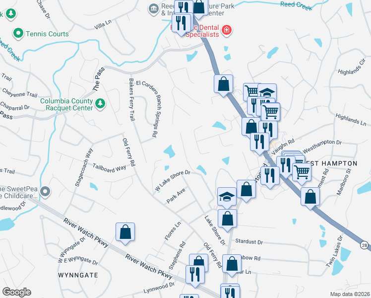 map of restaurants, bars, coffee shops, grocery stores, and more near 3654 Lake Shore Loop Extension in Augusta
