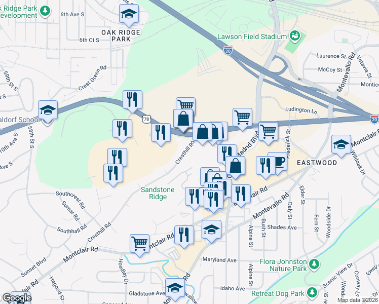 map of restaurants, bars, coffee shops, grocery stores, and more near 1631 Cresthill Road in Birmingham