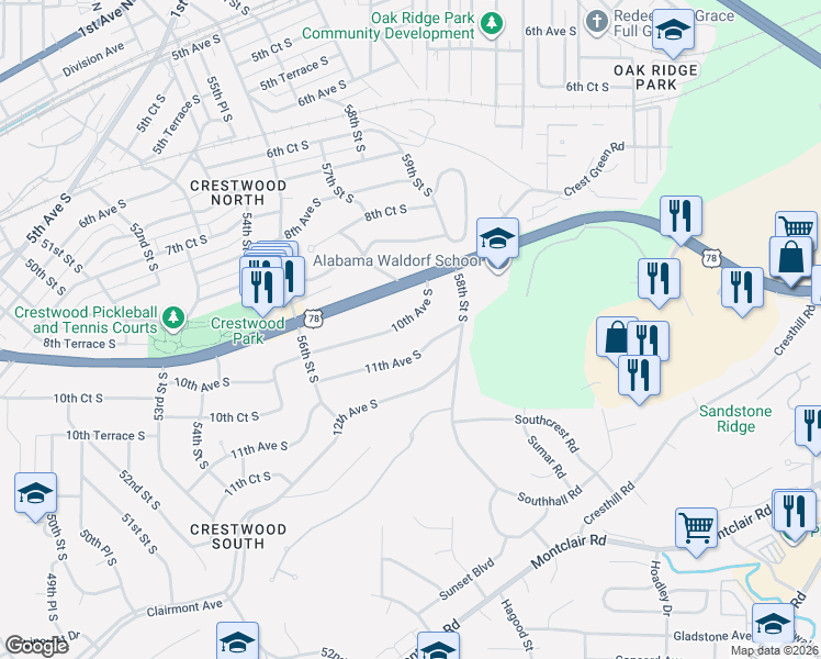 map of restaurants, bars, coffee shops, grocery stores, and more near 5716 11th Avenue South in Birmingham
