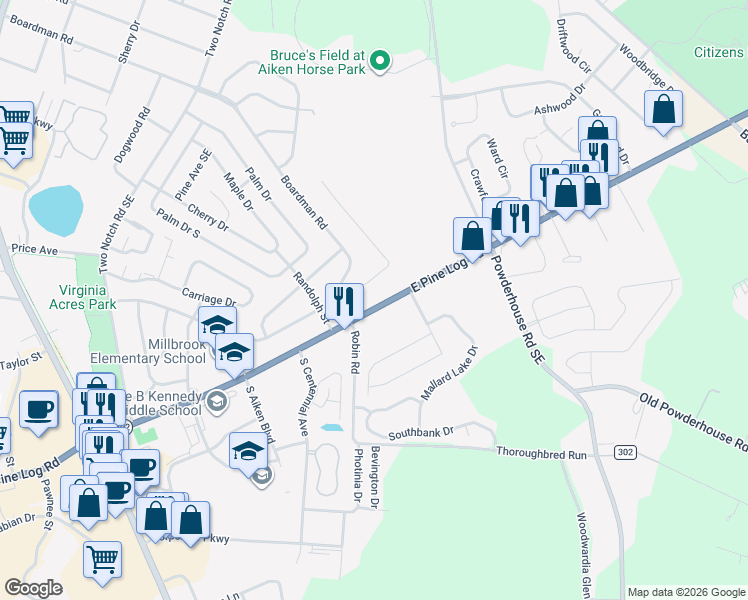 map of restaurants, bars, coffee shops, grocery stores, and more near 458-520 East Pine Log Road in Aiken