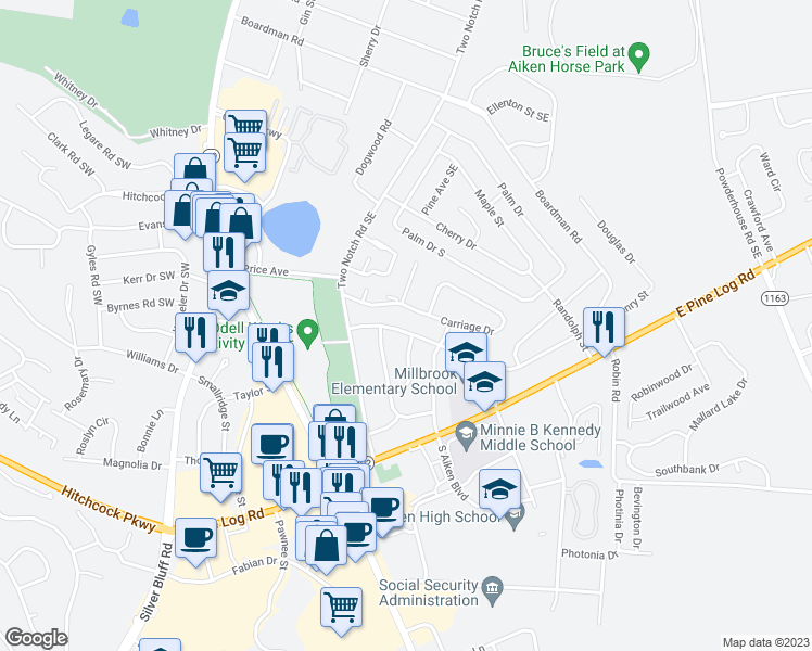 map of restaurants, bars, coffee shops, grocery stores, and more near 784 Henry Street in Aiken