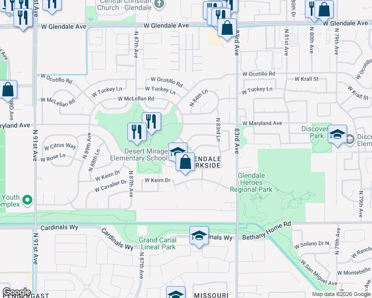 map of restaurants, bars, coffee shops, grocery stores, and more near 8605 West Maryland Avenue in Glendale