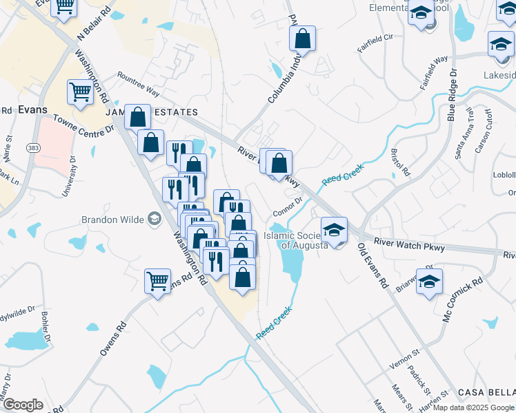 map of restaurants, bars, coffee shops, grocery stores, and more near 394 Connor Circle in Evans