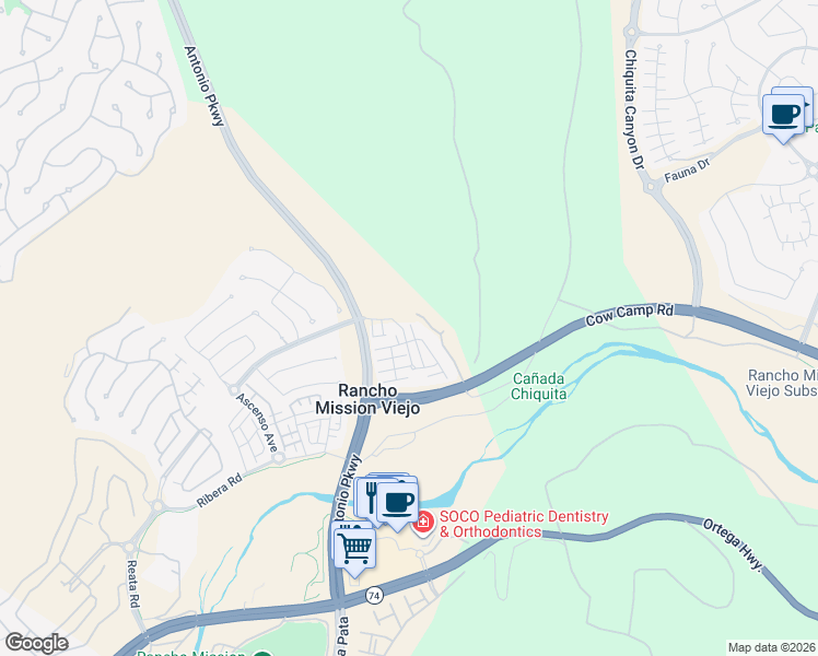 map of restaurants, bars, coffee shops, grocery stores, and more near 3 Hoya Street in Mission Viejo