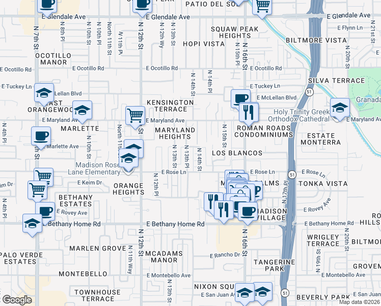map of restaurants, bars, coffee shops, grocery stores, and more near 6214 North 14th Street in Phoenix
