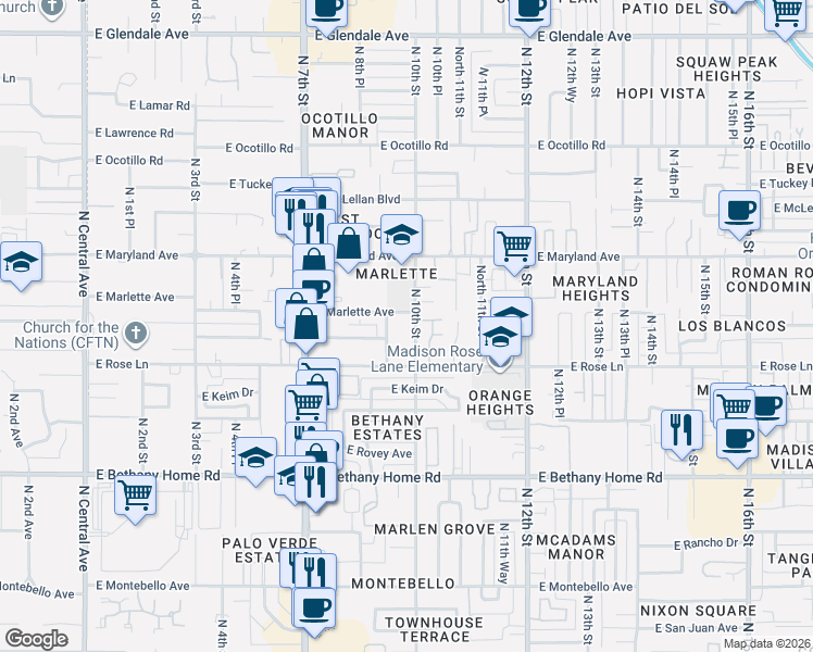map of restaurants, bars, coffee shops, grocery stores, and more near 6217 North 10th Street in Phoenix