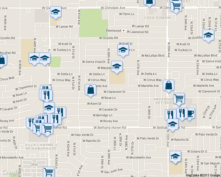 map of restaurants, bars, coffee shops, grocery stores, and more near 3901 West Claremont Street in Phoenix