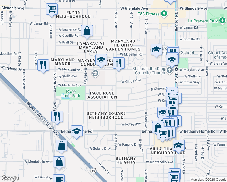 map of restaurants, bars, coffee shops, grocery stores, and more near 4720 West Rose Lane in Glendale