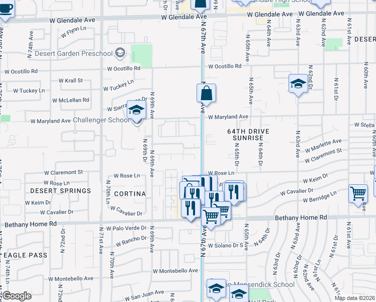 map of restaurants, bars, coffee shops, grocery stores, and more near 6222 North 67th Avenue in Glendale