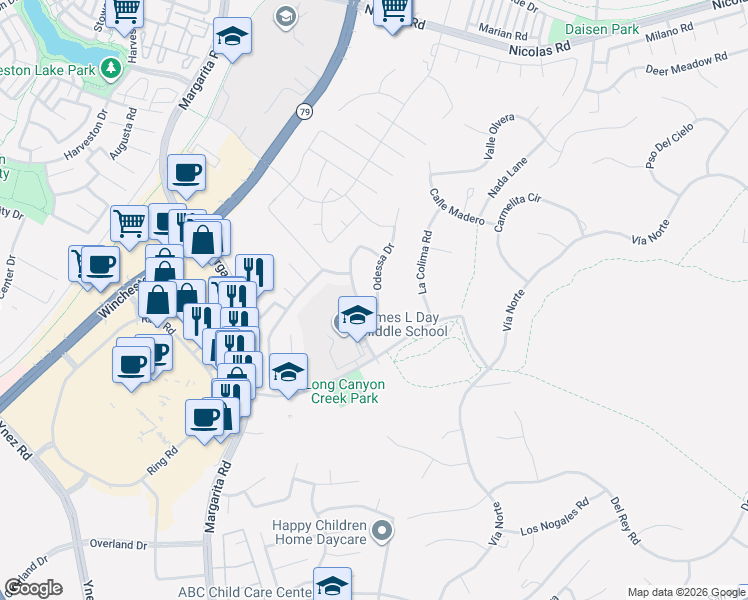map of restaurants, bars, coffee shops, grocery stores, and more near 40335 Odessa Drive in Temecula