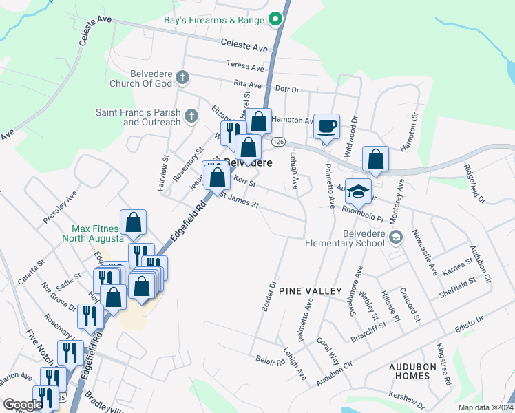 map of restaurants, bars, coffee shops, grocery stores, and more near 217 Saint James Street in Belvedere