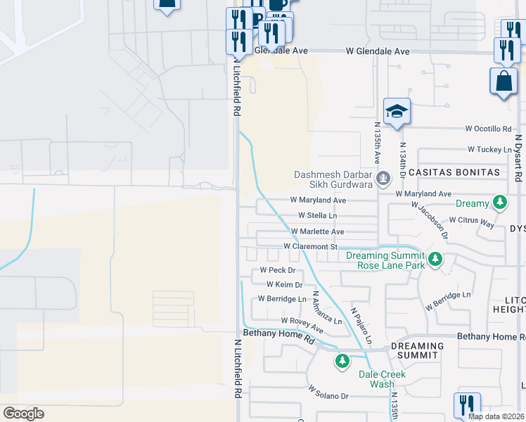 map of restaurants, bars, coffee shops, grocery stores, and more near 13802 West Marlette Avenue in Litchfield Park