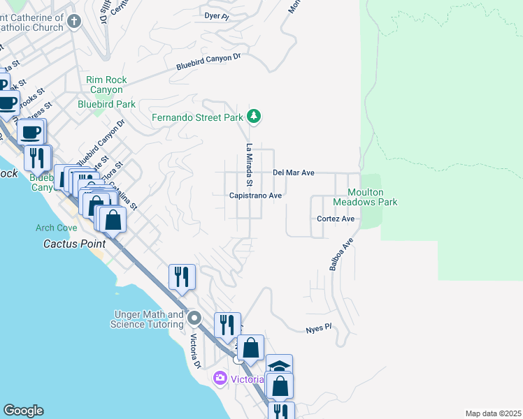 map of restaurants, bars, coffee shops, grocery stores, and more near 855 Miramar Street in Laguna Beach