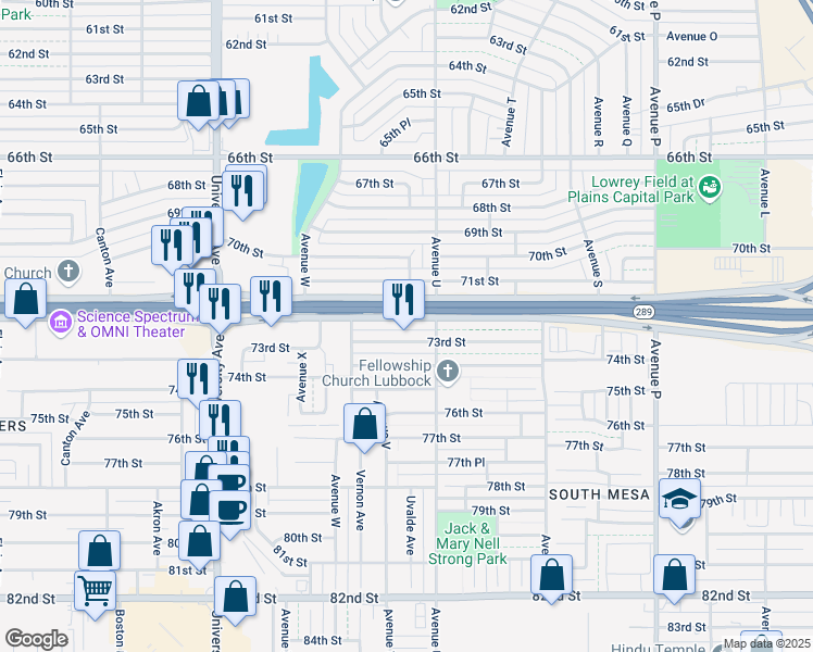 map of restaurants, bars, coffee shops, grocery stores, and more near 2113 South Loop 289 in Lubbock