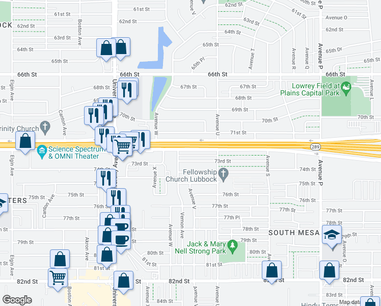map of restaurants, bars, coffee shops, grocery stores, and more near 2123 South Loop 289 in Lubbock