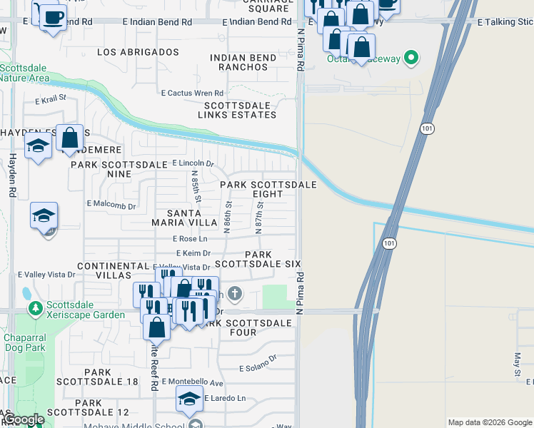 map of restaurants, bars, coffee shops, grocery stores, and more near 6338 North 87th Street in Scottsdale