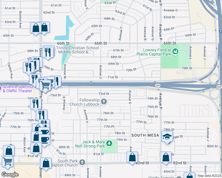 map of restaurants, bars, coffee shops, grocery stores, and more near 2011 South Loop 289 in Lubbock
