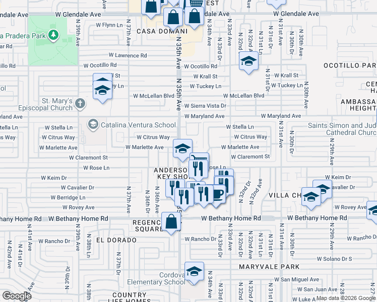 map of restaurants, bars, coffee shops, grocery stores, and more near 3447 West Citrus Way in Phoenix