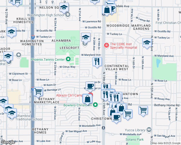 map of restaurants, bars, coffee shops, grocery stores, and more near 2022 West Marlette Avenue in Phoenix