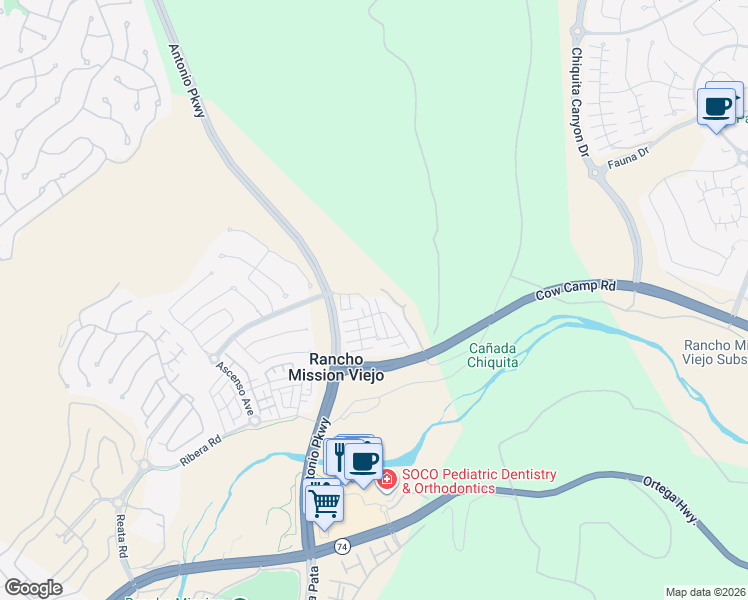 map of restaurants, bars, coffee shops, grocery stores, and more near 3 Hoya Street in Mission Viejo