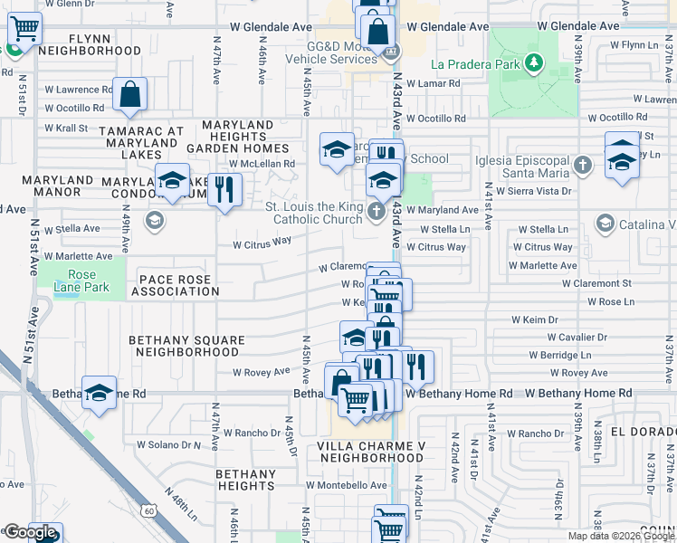 map of restaurants, bars, coffee shops, grocery stores, and more near 4419 West Marlette Avenue in Glendale