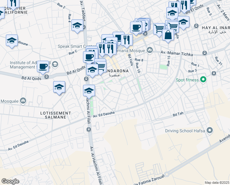 map of restaurants, bars, coffee shops, grocery stores, and more near Jnane Californie in Casablanca