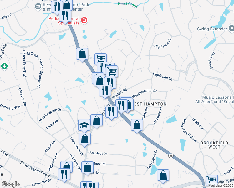 map of restaurants, bars, coffee shops, grocery stores, and more near 411 Vaughn Road in Augusta