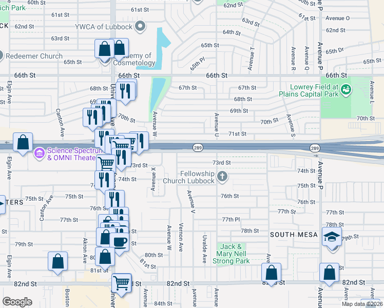 map of restaurants, bars, coffee shops, grocery stores, and more near 2113 71st Street in Lubbock