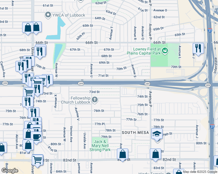 map of restaurants, bars, coffee shops, grocery stores, and more near 1935 71st Street in Lubbock