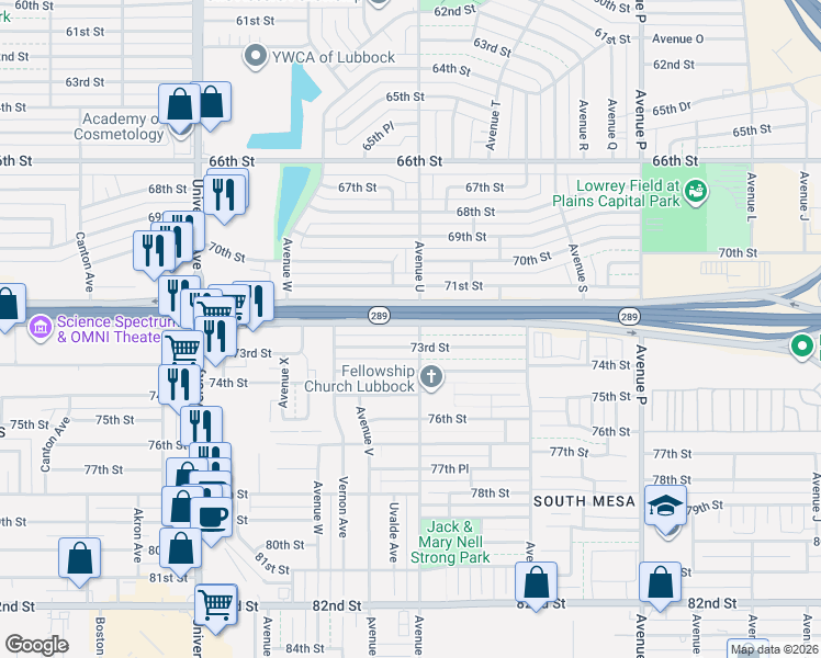 map of restaurants, bars, coffee shops, grocery stores, and more near 2101 71st Street in Lubbock