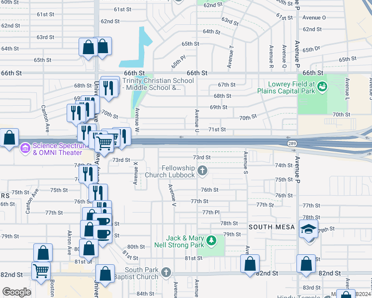 map of restaurants, bars, coffee shops, grocery stores, and more near 2101 71st Street in Lubbock