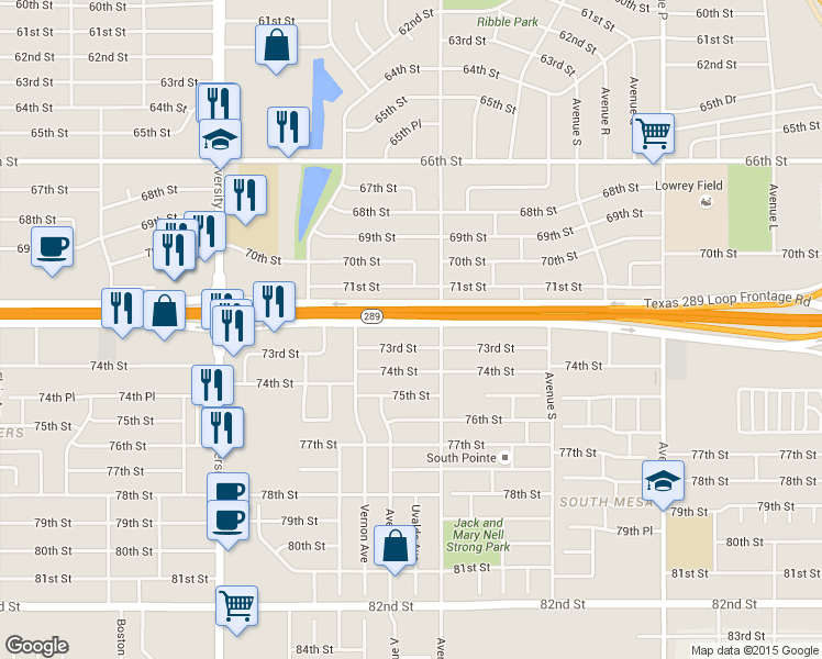 map of restaurants, bars, coffee shops, grocery stores, and more near 2113 71st Street in Lubbock