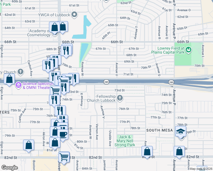 map of restaurants, bars, coffee shops, grocery stores, and more near 2113 71st Street in Lubbock