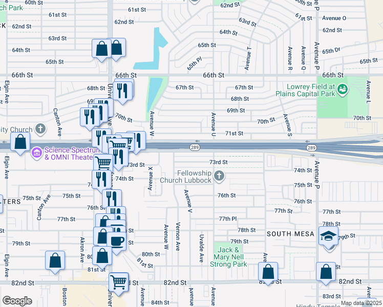 map of restaurants, bars, coffee shops, grocery stores, and more near 2113 71st Street in Lubbock