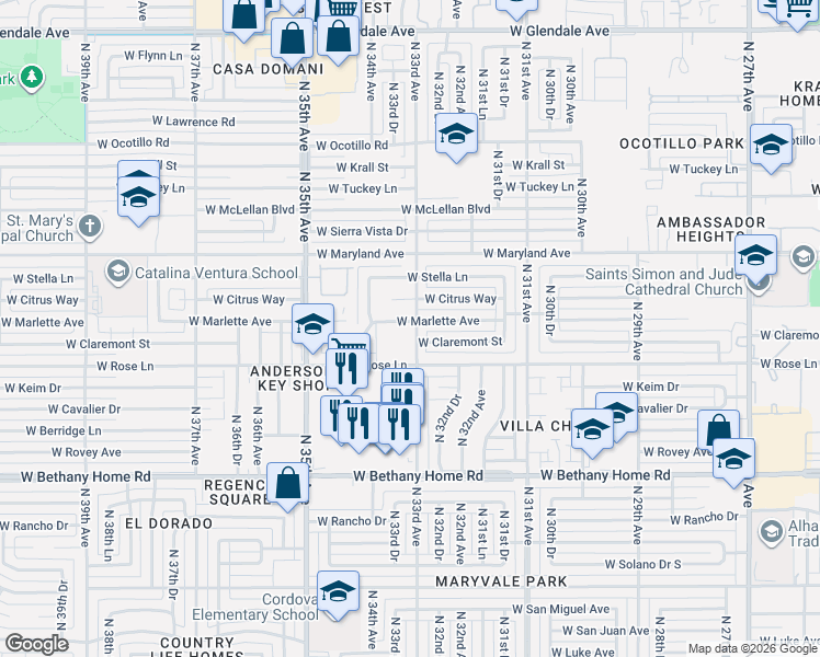 map of restaurants, bars, coffee shops, grocery stores, and more near 3243 West Citrus Way in Phoenix