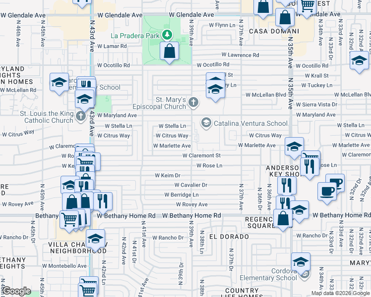 map of restaurants, bars, coffee shops, grocery stores, and more near 3901 West Citrus Way in Phoenix