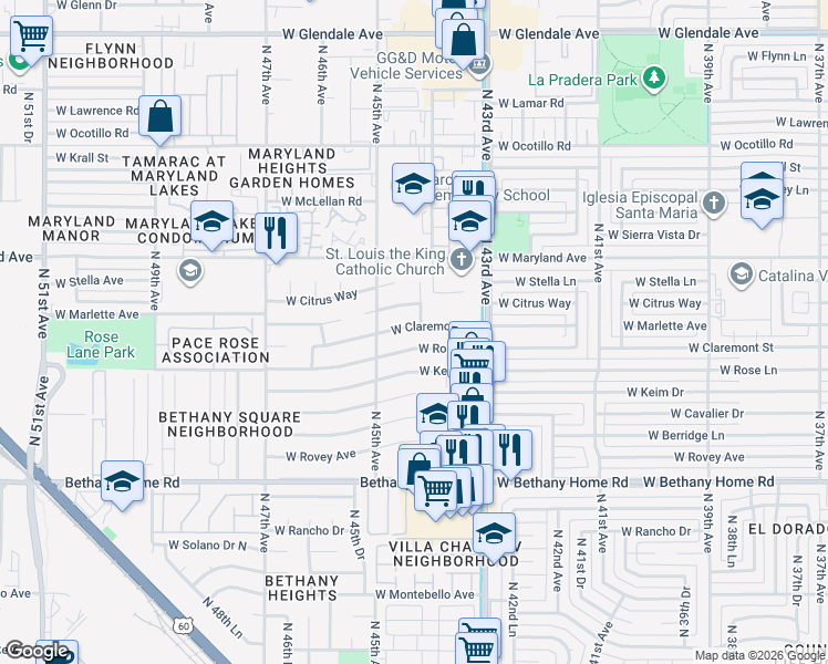 map of restaurants, bars, coffee shops, grocery stores, and more near 4419 West Marlette Avenue in Glendale