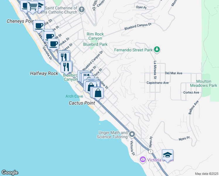 map of restaurants, bars, coffee shops, grocery stores, and more near 477 Center Street in Laguna Beach