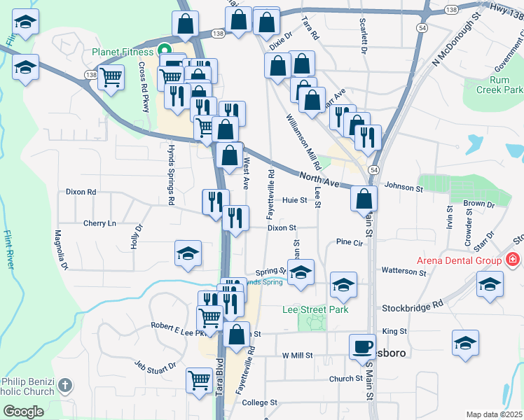 map of restaurants, bars, coffee shops, grocery stores, and more near 407 Fayetteville Road in Jonesboro