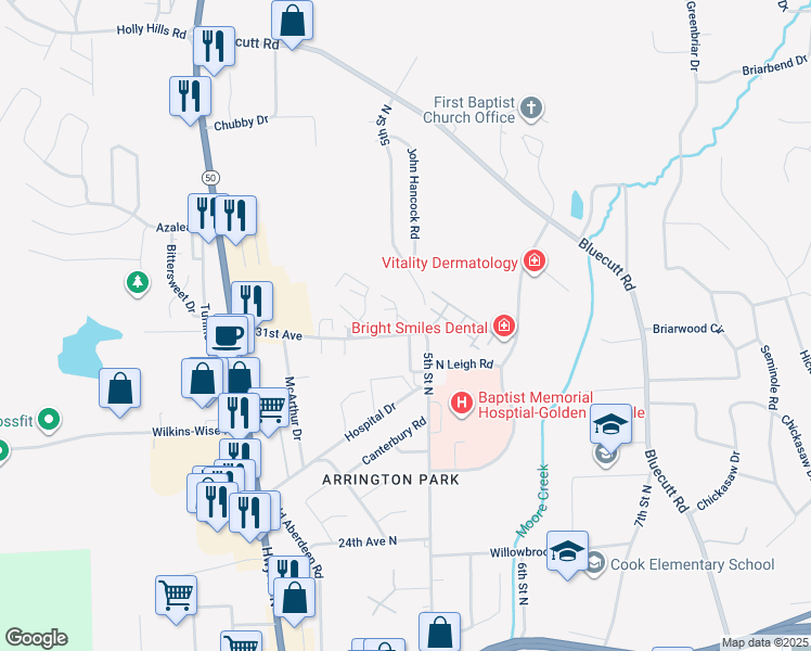 map of restaurants, bars, coffee shops, grocery stores, and more near 3201 5th Street North in Columbus
