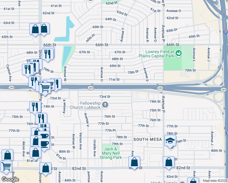 map of restaurants, bars, coffee shops, grocery stores, and more near 2009 71st Street in Lubbock