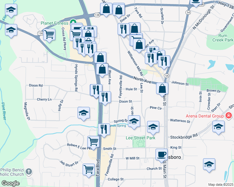 map of restaurants, bars, coffee shops, grocery stores, and more near 407 Fayetteville Road in Jonesboro