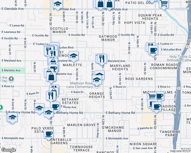 map of restaurants, bars, coffee shops, grocery stores, and more near 1124 East Rose Lane in Phoenix