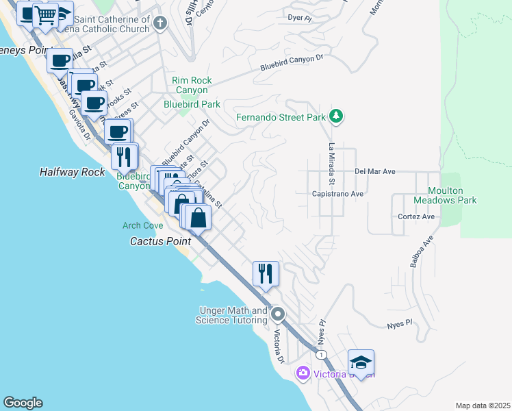 map of restaurants, bars, coffee shops, grocery stores, and more near 2163 Crestview Drive in Laguna Beach